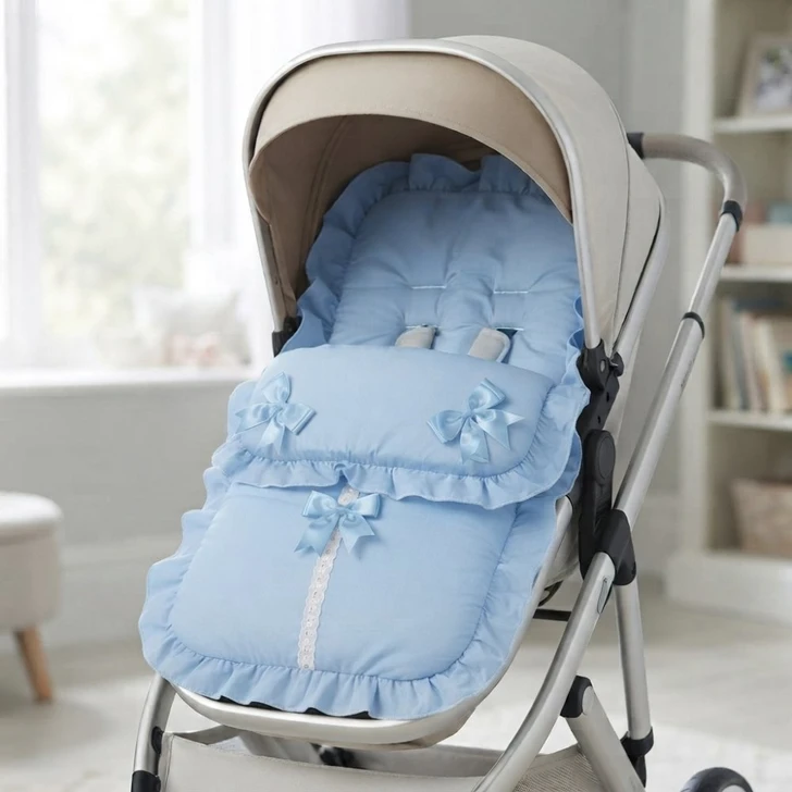 Luxury Sky Blue Cosytoes Pram Footmuff with Satin Bows