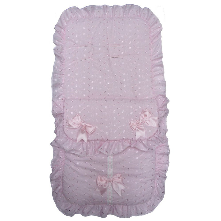 Luxury Baby Pink Broderie Cosytoes UK MADE Footmuff with Large Satin Bows