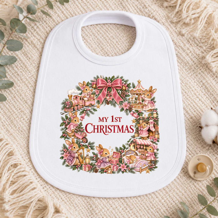 MY 1ST CHRISTMAS   pink girls rabbit  design Baby Bib 7