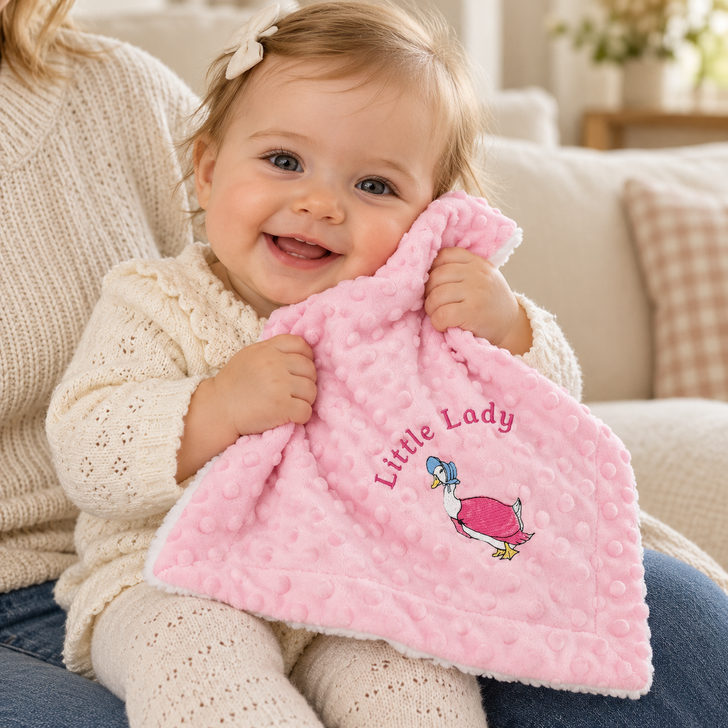 Little Lady Baby Girl Comforter – Embroidered Duck Comfort Blanket – Pink or White Dimple Fabric with White Sherpa Back