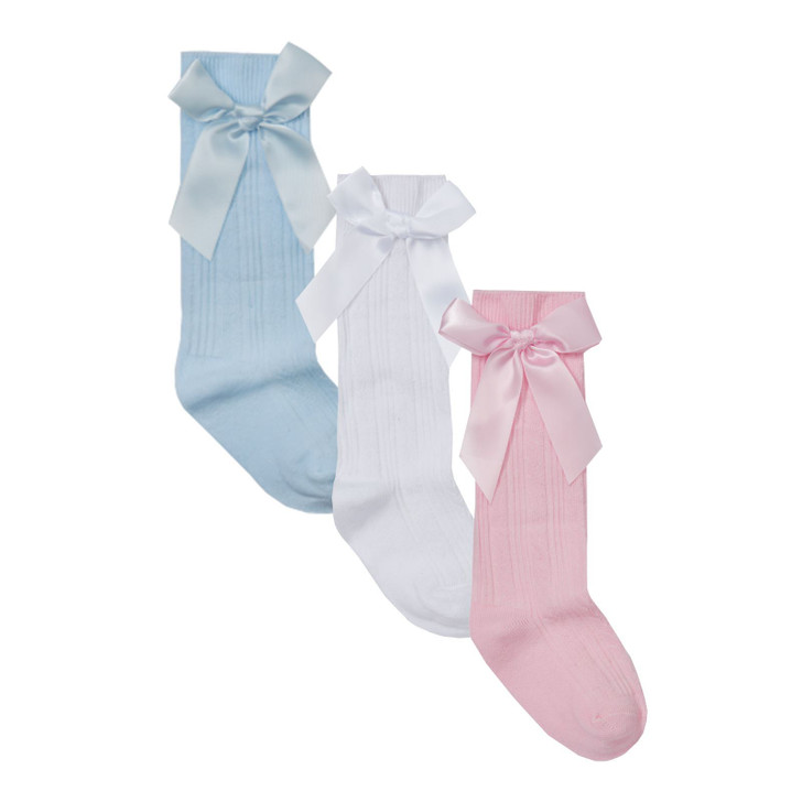 Cable Bow Socks - 3 Pack - Pink, Blue, White, navy, cream, red