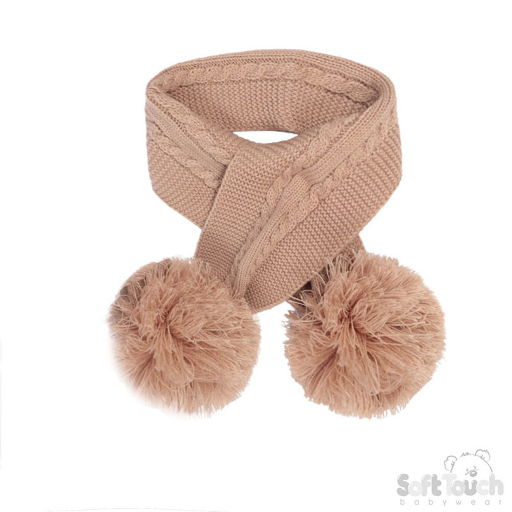 Coffee 'Elegance' Cable Knit Scarf w/Pom Poms : SC12-COF