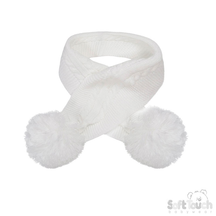 White 'Elegance' Cable Knit Scarf w/Pom Poms : SC12-W