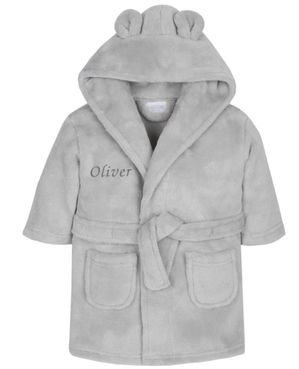 PERSONALISED  BABY SILVER GREY HOODED DRESSING GOWN (0-6 MONTHS)