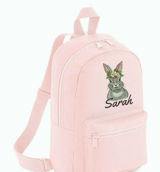 Personalised embroidered RABBIT FLOWERS Girls Rucksack Backpack Bag School