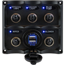 Sea-Dog Water Resistant Toggle Switch Panel w\/USB Power Socket - 5 Toggle [424617-1]