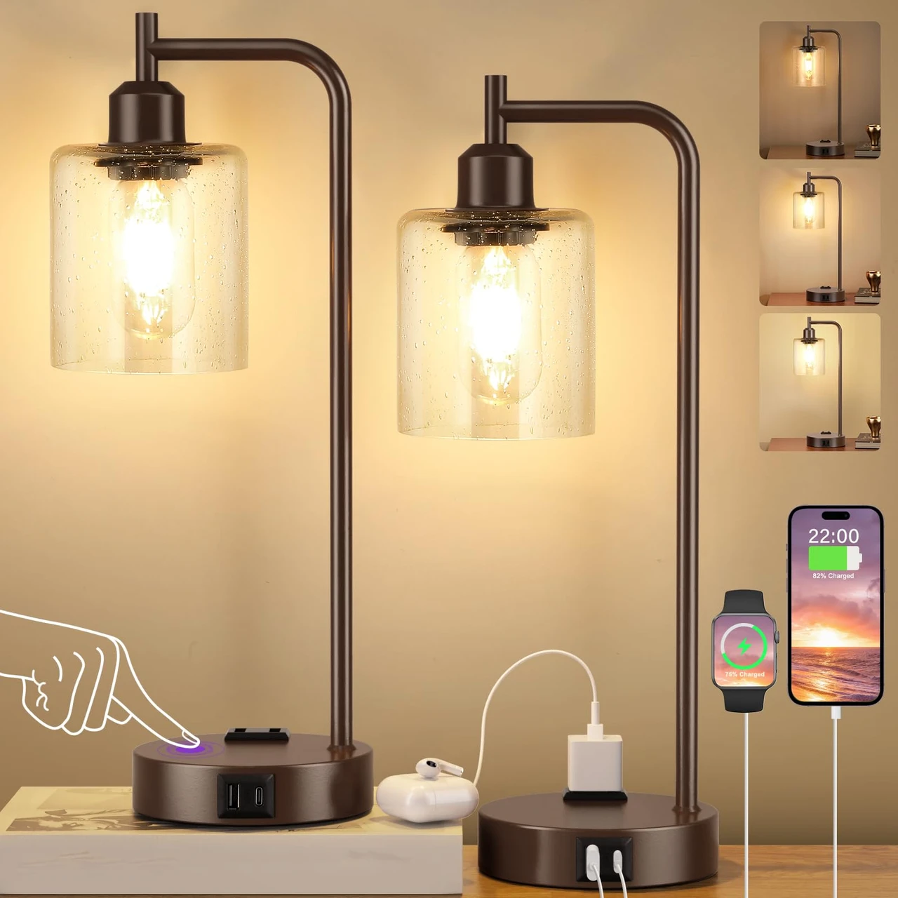Gold Table Lamp With USB Ports – 3-Way Touch Dimmable Bedside Lamp, Glass Shade, USB-A & USB-C, LED Bulb Included (16.14"H X 5.51"W)