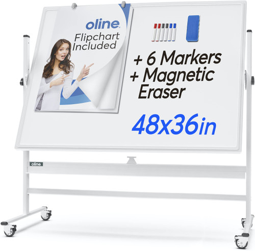 Mobile Whiteboard 48 x 36 Inch Large Height Adjust 360° Magnetic Rolling Double Sided Reversible Dry Erase Board (48x36, White & Silver)