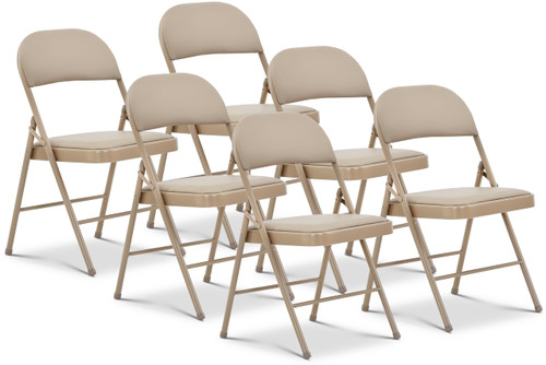 (Khaki, 6 Pack) Vinyl Folding Chairs, Padded Vinyl Cushion Chairs with Durable Metal Frame, Indoor Outdoor Stackable Foldable Guest Chairs for Office Wedding Kitchen Dining, 300lb Capacity.