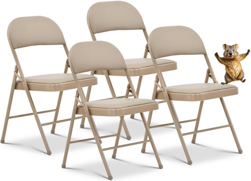 (Khaki, 4 Pack) Vinyl Folding Chairs, Padded Vinyl Cushion Chairs with Durable Metal Frame, Indoor Outdoor Stackable Foldable Guest Chairs for Office Wedding Kitchen Dining, 300lb Capacity.