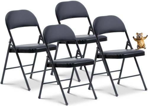 (Black, 4 Pack) Vinyl Folding Chairs, Padded Vinyl Cushion Chairs with Durable Metal Frame, Indoor Outdoor Stackable Foldable Guest Chairs for Office Wedding Kitchen Dining, 300lb Capacity.