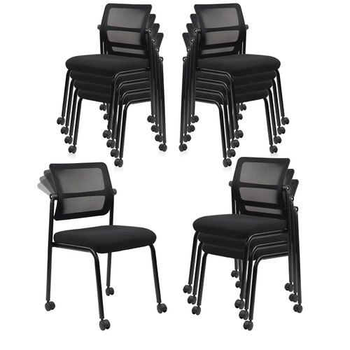 12PK Mesh Stacking Office Desk Chairs with Wheels, Portable Stackable Bulk Waiting Room Armless Chair with Adjustable Back & Fabric Seat for Guest Lobby Side School Church Conference Break