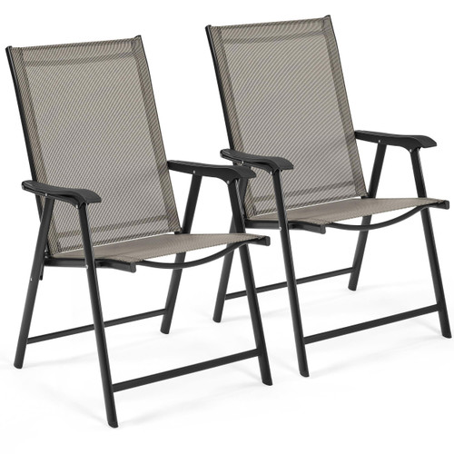 Patio Dining Chairs Set of 2, Portable Dining Chairs with Armrests for Camping, Lawn and Beach, Folding Patio Chairs 2-Pack of Metal Frame, Brown