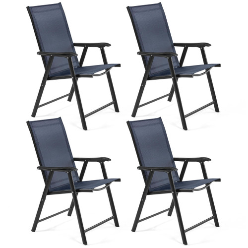 Outdoor Patio Chairs Set of 4, Portable Dining Chairs with Armrests for Camping, Lawn Yard Beach, Folding Outdoor Chairs 4-Pack with Metal Frame, Navy Blue
