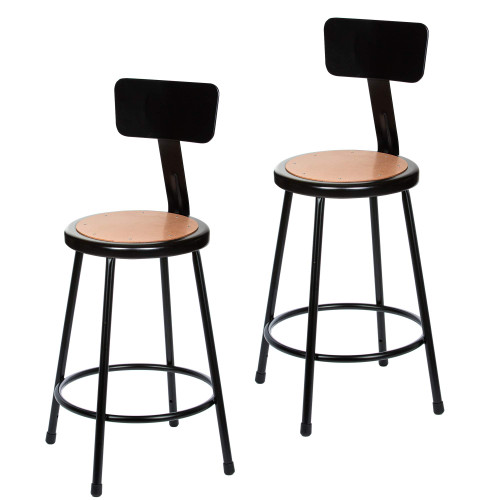 Premium Commercial-Grade All-Purpose Round Stool with Backrest (24-inch Height, Black Frame, Masonite Wood Seat, 2-Pack)