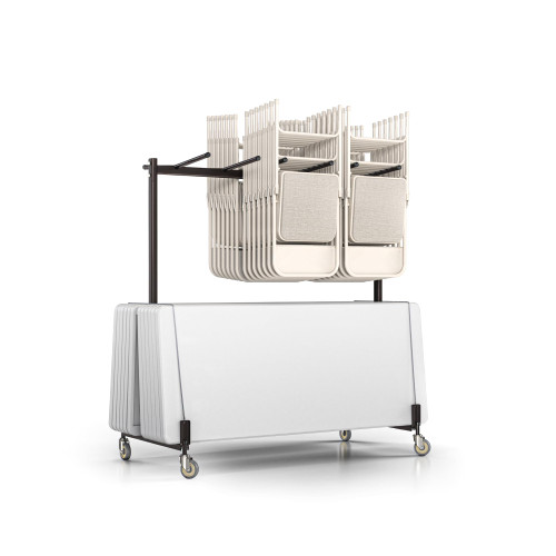 Folding Table & Chair Cart, Heavy Duty Industrial Grade Two Tier Steel Dolly with Wheels (42 Chairs and 8 to 10 Tables, Hanging Storage, Coat Rods Included)