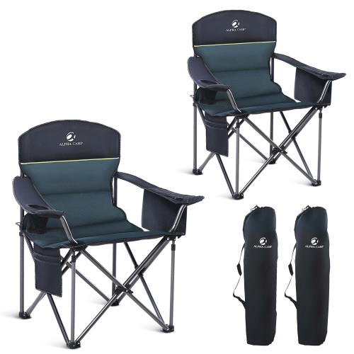 Oversized Camping Folding Chair, Heavy Duty Portable Outdoor Chair, Foldable Camp Chair with Cup Holder and Cooler Bag Support 450 LBS, 2 Pack, Green