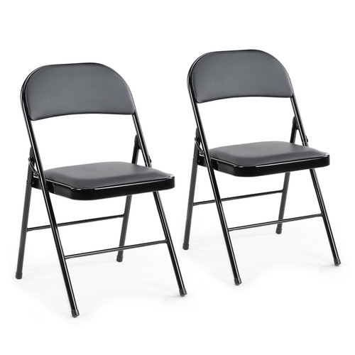 2 Pack Leather Padded Folding Chair, Indoor Outdoor Portable Stackable Commercial Seat with Steel Frame, Capacity for Home, Office, Party, Comfy, Black