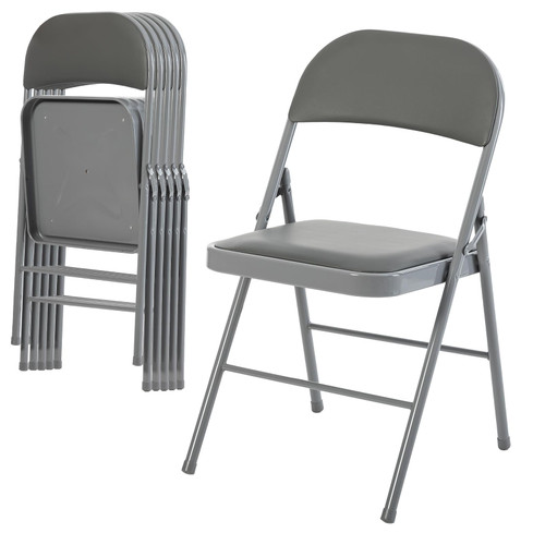 6 Pack Folding Chairs with Padded Cushion and Back - PU Leather Stackable Portable Dining Chairs Set, for Home and Office, Conference, Wedding, Party, Patio, Garden, for Indoor Outdoor, Grey