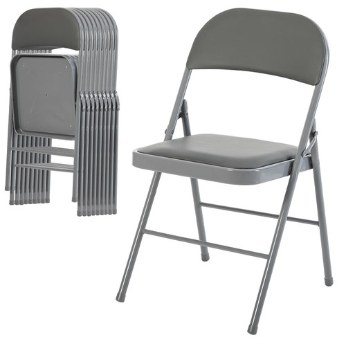 10 Pack Folding Chairs with Padded Cushion and Back - PU Leather Stackable Portable Dining Chairs Set, for Home and Office, Conference, Wedding, Party, Patio, Garden, for Indoor Outdoor, Grey