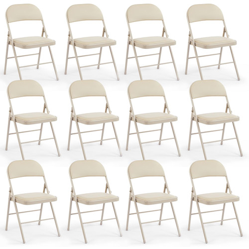 12 Pack Leather Padded Folding Chair, Indoor Outdoor Portable Stackable Commercial Seat with Steel Frame, Capacity for Home, Office, Party, Comfy, Kahki