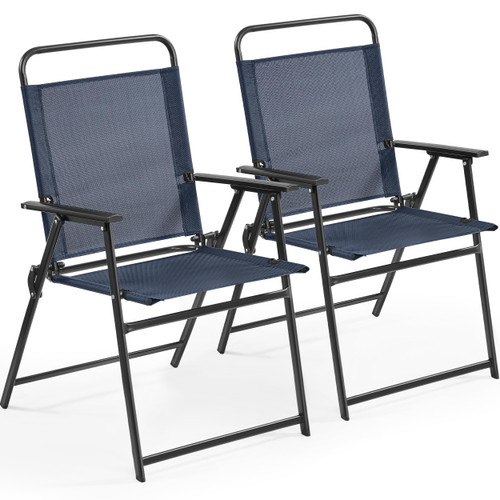 Outdoor Patio Chairs Set of 2, Folding Patio Chairs with Metal Frame, Armrests, Portable Dining Chairs for Camping, Lawn, Garden and Porch, Navy Blue