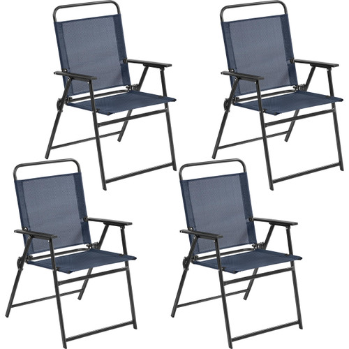 Outdoor Patio Chairs Set of 4, Folding Patio Chairs for Outside with Metal Frame, Armrests, Portable Dining Chairs for Camping, Lawn, Garden and Porch, Navy Blue