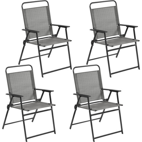 Outdoor Patio Chairs Set of 4, Folding Patio Chairs with Metal Frame, Armrests, Portable Dining Chairs for Camping, Lawn, Garden and Porch, Gray