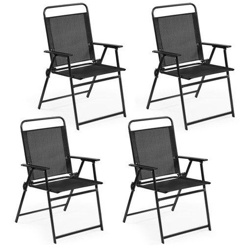 Outdoor Folding Patio Chairs Set of 4, Portable Outdoor Folding Chairs for Outside, Lawn, Garden and Porch with Metal Frame, Armrests, Stackable, Foldable and Portable Design, Black