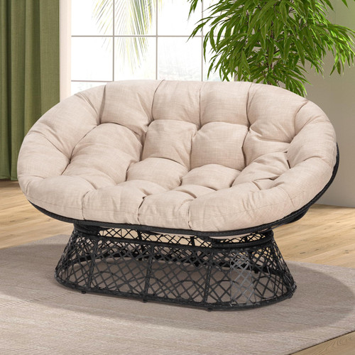 Double Papasan Chair, 600lbs Capacity, Ergonomic Design, Soft Thick Cushion, Bee-Designed Frame, Durable Steel, 61", Beige - Black Base