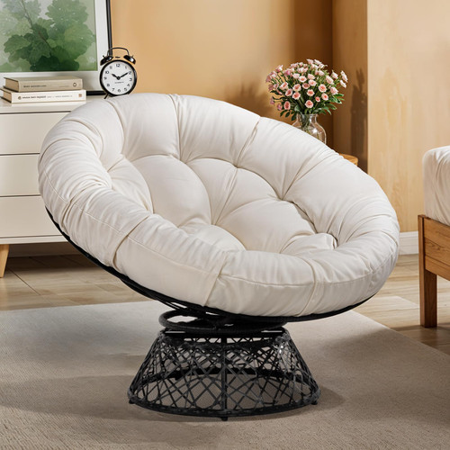40" Ergonomic Wicker Papasan Chair with Soft Thick Density Fabric Cushion, High Capacity Steel Frame, 360 Degree Swivel for Living, Bedroom, Reading Room, Lounge