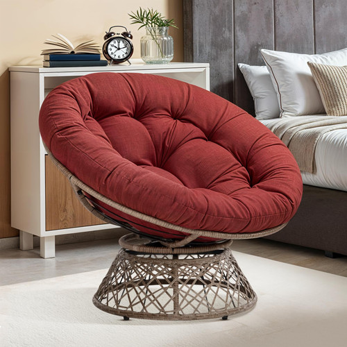 40" Ergonomic Wicker Papasan Chair with Soft Thick Density Fabric Cushion, High Capacity Steel Frame, 360 Degree Swivel for Living, Bedroom, Reading Room, Lounge, Cherry Sangria-Brown Base