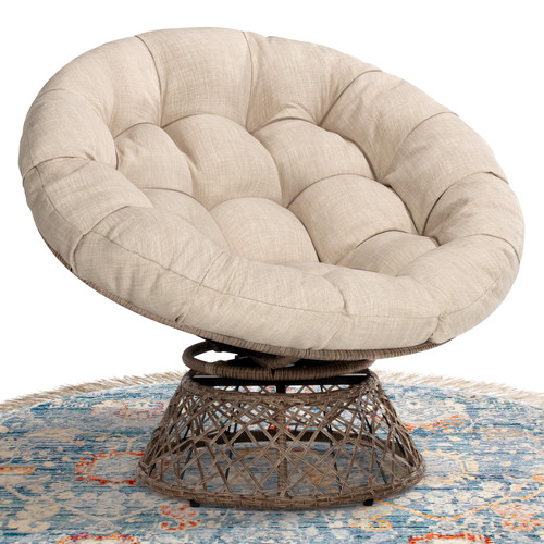 40" Ergonomic Wicker Papasan Chair with Soft Thick Density Fabric Cushion, High Capacity Steel Frame, 360 Degree Swivel for Living, Bedroom, Reading Room, Lounge, Sepia Sand - Brown Base