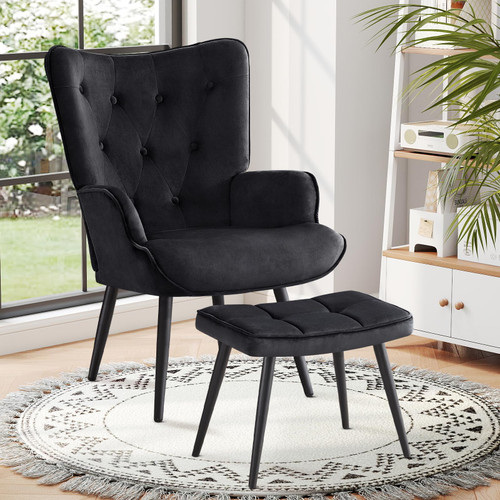 Modern Accent Chair with Ottoman, Upholstered Reading Chair with Ottoman Set, Wingback Chairs with Backrest & Metal Legs, Tufted-Button Armchair for Bedroom, Home Office, Velvet, Black