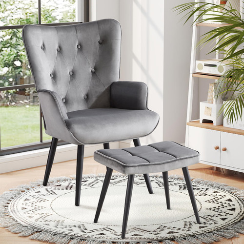 Modern Accent Chair with Ottoman, Upholstered Reading Chair with Ottoman Set, Wingback Chairs with Backrest & Metal Legs, Tufted-Button Armchair for Bedroom, Living Room, Velvet, Grey