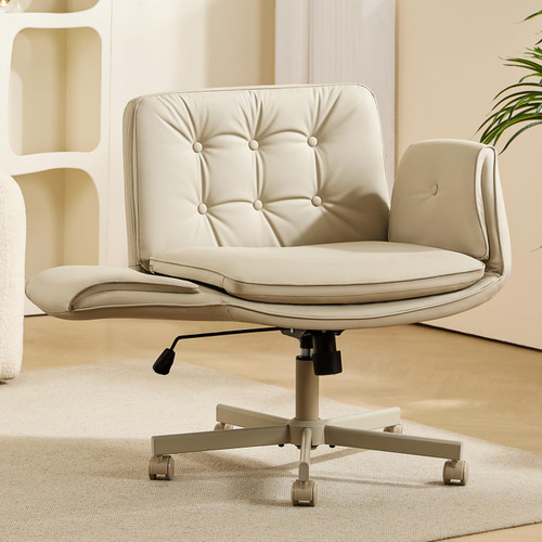Criss Cross Chair with Armrests & Wheels, PU Leather ADHD Home Office Desk Chair, Comfortable Lounge Chair for Home, Make Up, Bed Room, 5-Gear Adjustable Arm,Wide Seat,Swivel(Cream/Beige)