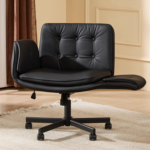 Criss Cross Chair with Armrests & Wheels, PU Leather ADHD Home Office Desk Chair, Comfortable Lounge Chair for Home, Make Up, Bed Room, 5-Gear Adjustable Arm,Wide Seat,Swivel(Black)