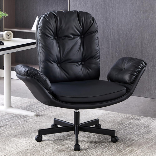 Criss Cross Chair with Armrests & Wheels for Cross-Legged Sitting, Comfortable Adjustable Swivel Office Desk Chair –PU Leather Vanity Chair for Home, Makeup and Bedroom (Black)