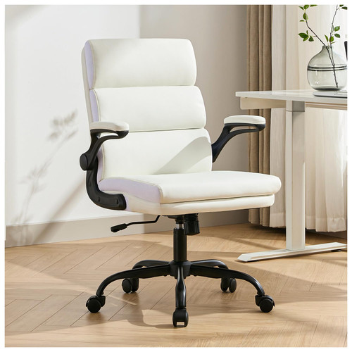 Office Chair Adjustable Desk Chair Mid Back Executive Comfortable Bonded Leather Ergonomic Back Support Home Computer Chair with Padded Flip-up Armrest Swivel Wheels (White)