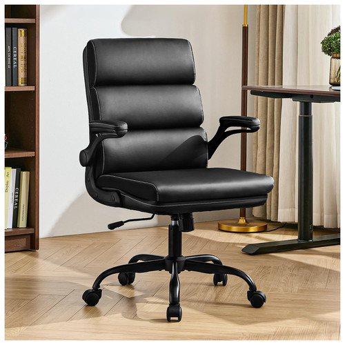 Office Chair Adjustable Desk Chair Mid Back Executive Comfortable Bonded Leather Ergonomic Back Support Home Computer Chair with Padded Flip-up Armrest Swivel Wheels (Black)