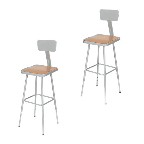 Premium Commercial-Grade All-Purpose Square Stool with Backrest (Height-Adjustable, 24–32 inch Range, Gray Frame, Masonite Wood Seat, 2-Pack)