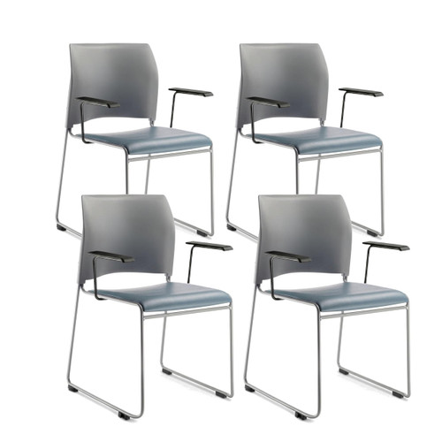 Commercial Stack Chair (Vinyl Padded Seat and Back with Arms, Gray Blue, Gray Frame, 4-Pack)