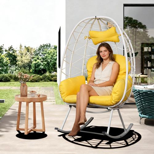 Wicker Rocking Egg Chair 330lbs Capacity Outdoor Indoor Oversized Rattan Chair with Cushion All-Weather Luxury Lounge Chair for Patio Balcony Backyard Garden (White and Yellow)