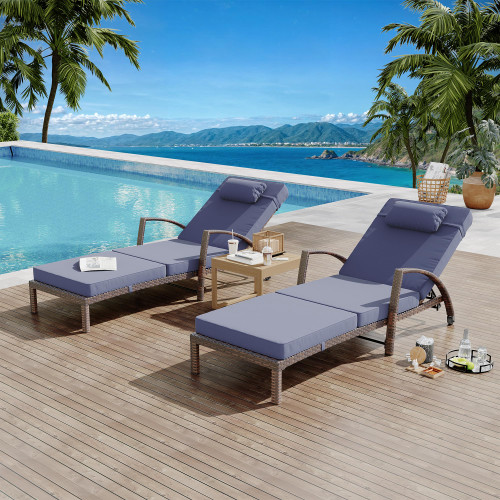 Outdoor Chaise Lounge Set of 2 Rattan Patio Folding Chaise Lounge Adjustable 5 Position Back Patio Pool Lounge Chair with Cushion Pillow for Poolside Backyard Deck Porch Blue