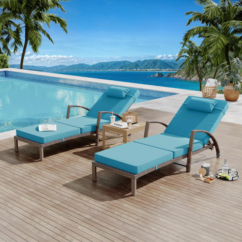 Outdoor Chaise Lounge Set of 2 Rattan Patio Folding Chaise Lounge Adjustable 5 Position Back Patio Pool Lounge Chair with Cushion Pillow for Poolside Backyard Deck Porch Peacock Blue