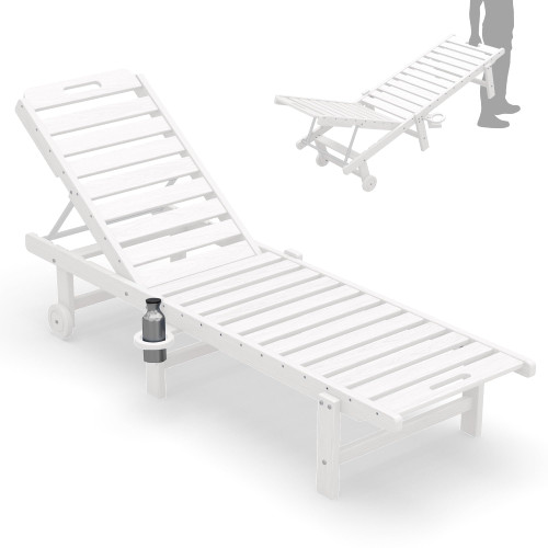 Outdoor Chaise Lounge Chair, Pool Lounge Chair with 5 Positions Adjustable Backrest, HDPE Lounger with Rolling Wheels & Cup Holder for Poolside, Beach, Garden, White