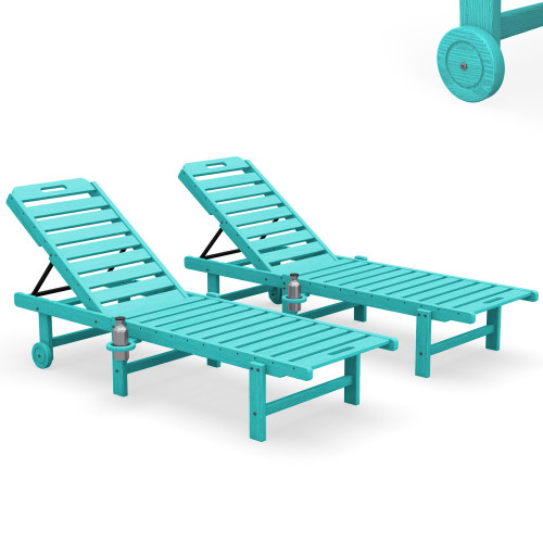 Outdoor Chaise Lounge Set of 2, All-Weather HDPE Pool Lounge Chairs with 5-Position Adjustable Backrest, Rolling Wheels & Cup Holder for Poolside, Aruba