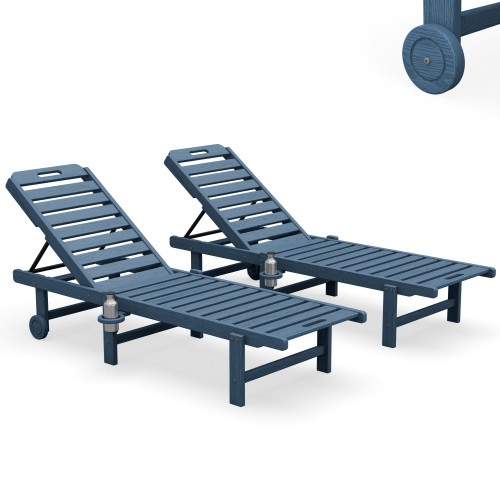 Outdoor Chaise Lounge Set of 2, All-Weather HDPE Pool Lounge Chairs with 5-Position Adjustable Reclining Backrest, Rolling Wheels & Cup Holder for Poolside, Blue