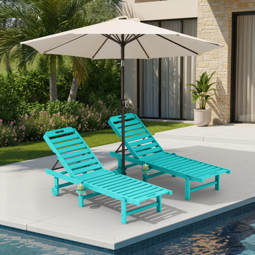 Outdoor Chaise Lounge Set of 2 with 9FT Umbrella, HDPE Pool Lounge Chair with 5-Position Adjustable Backrest, Patio Lounger with Rolling Wheels & Cup Holder for Pool, Aruba