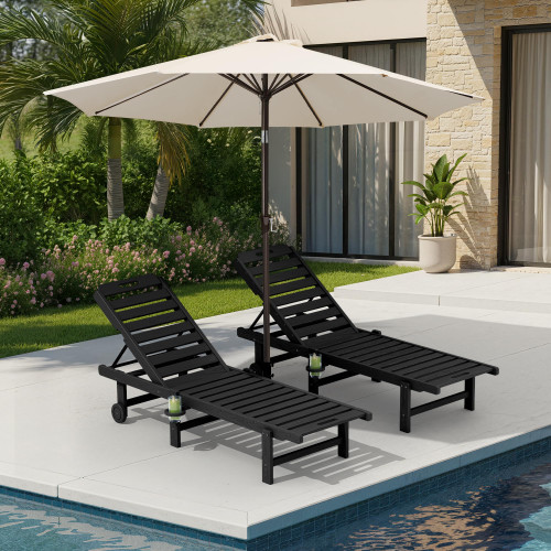 Outdoor Chaise Lounge Set of 2 with 9FT Umbrella, HDPE Pool Lounge Chair with 5-Position Adjustable Backrest, Patio Lounger with Rolling Wheels & Cup Holder for Pool, Black